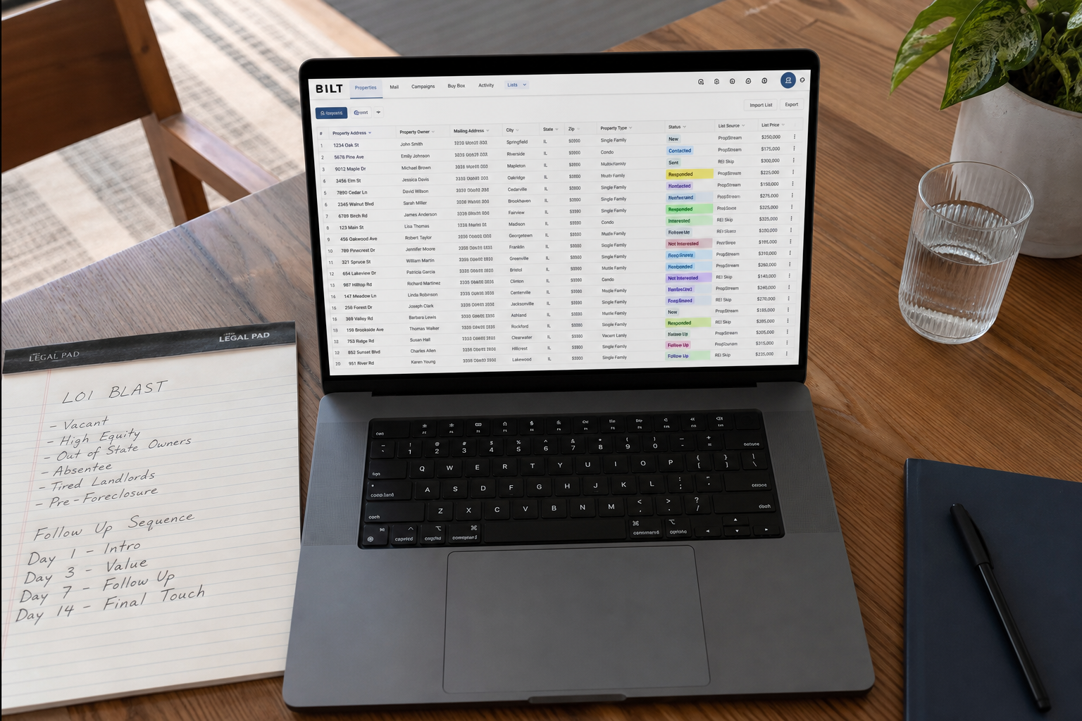 overhead shot of a laptop displaying property records spreadsheet with highlighted rows, legal pad with handwritten notes, natural daylight, realistic office setting