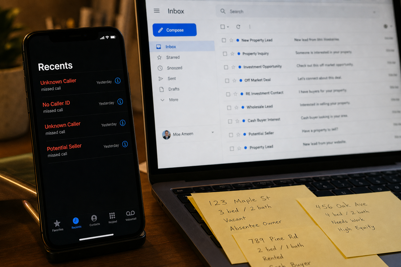 photorealistic close-up of a smartphone showing missed calls next to a laptop inbox with unopened emails, sticky notes with property details, warm desk lighting