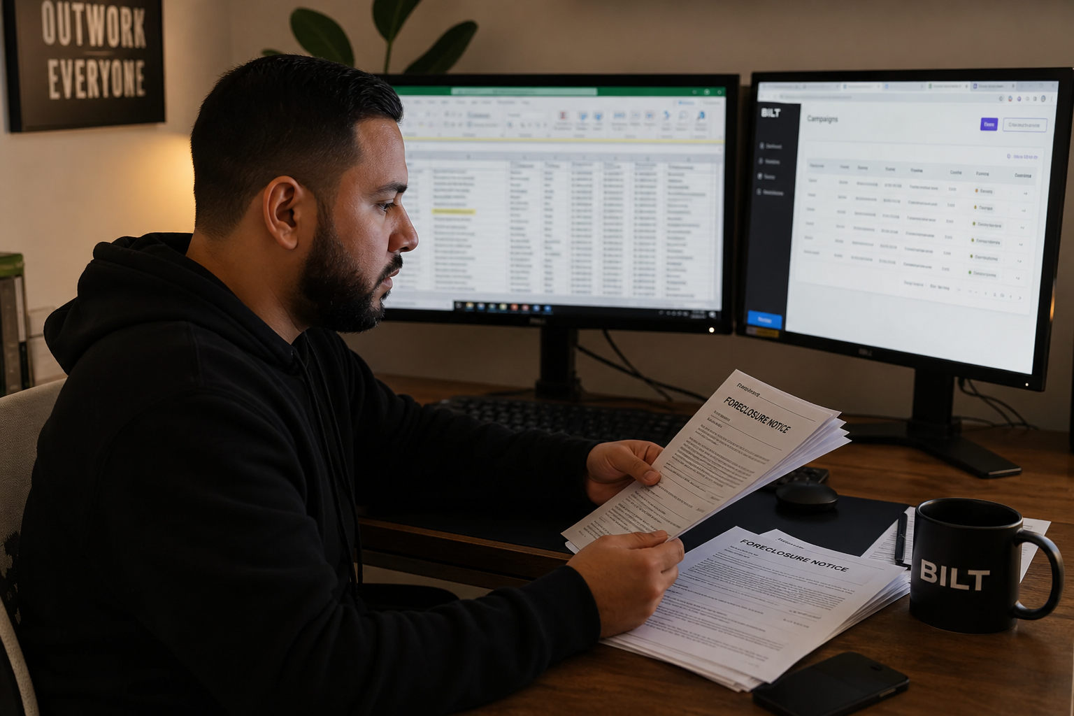 real estate investor reviewing foreclosure documents and spreadsheets on dual monitors in a home office, evening lighting, photorealistic