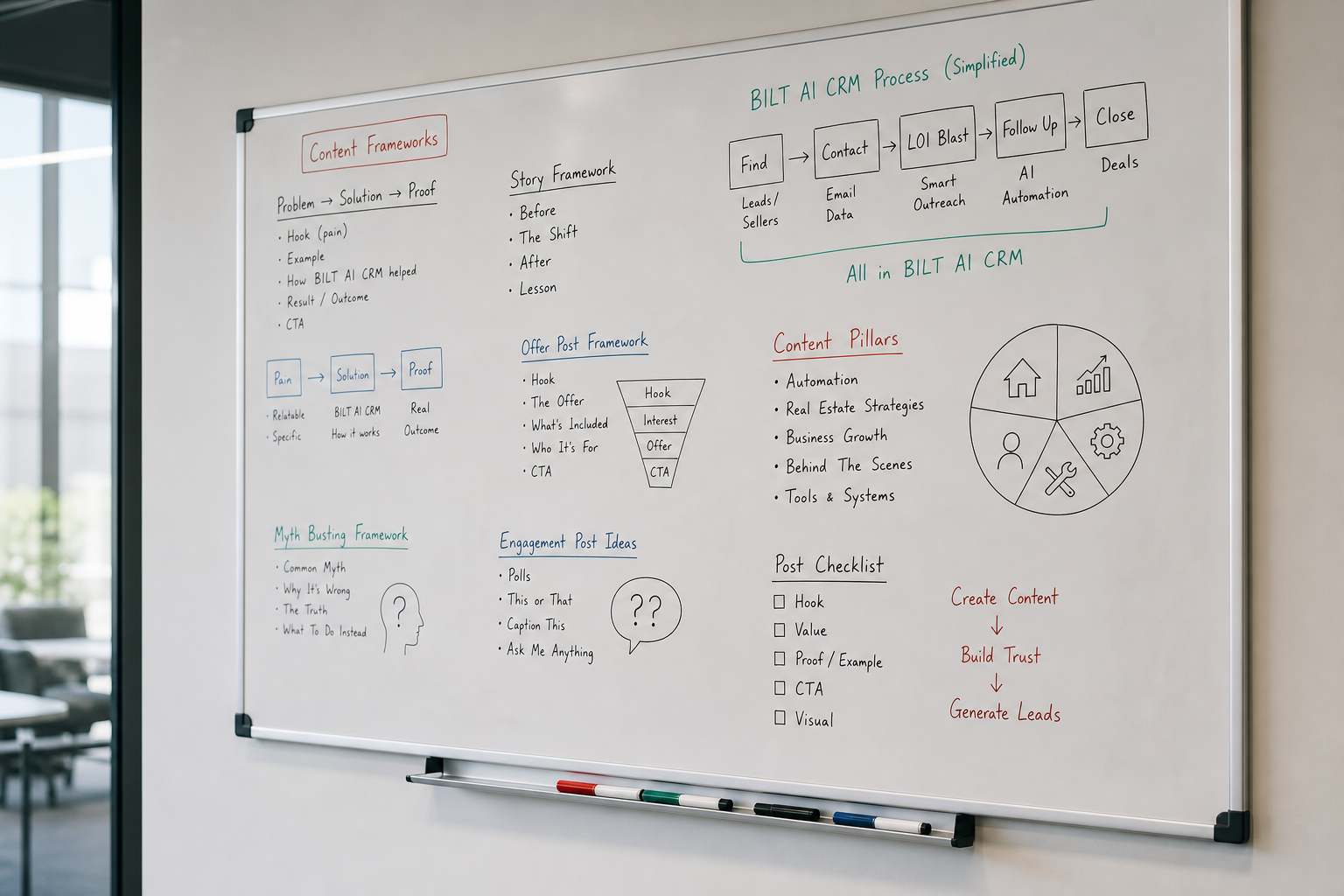 photorealistic scene of a whiteboard filled with repeated content frameworks and simple diagrams, markers on tray, natural office lighting
