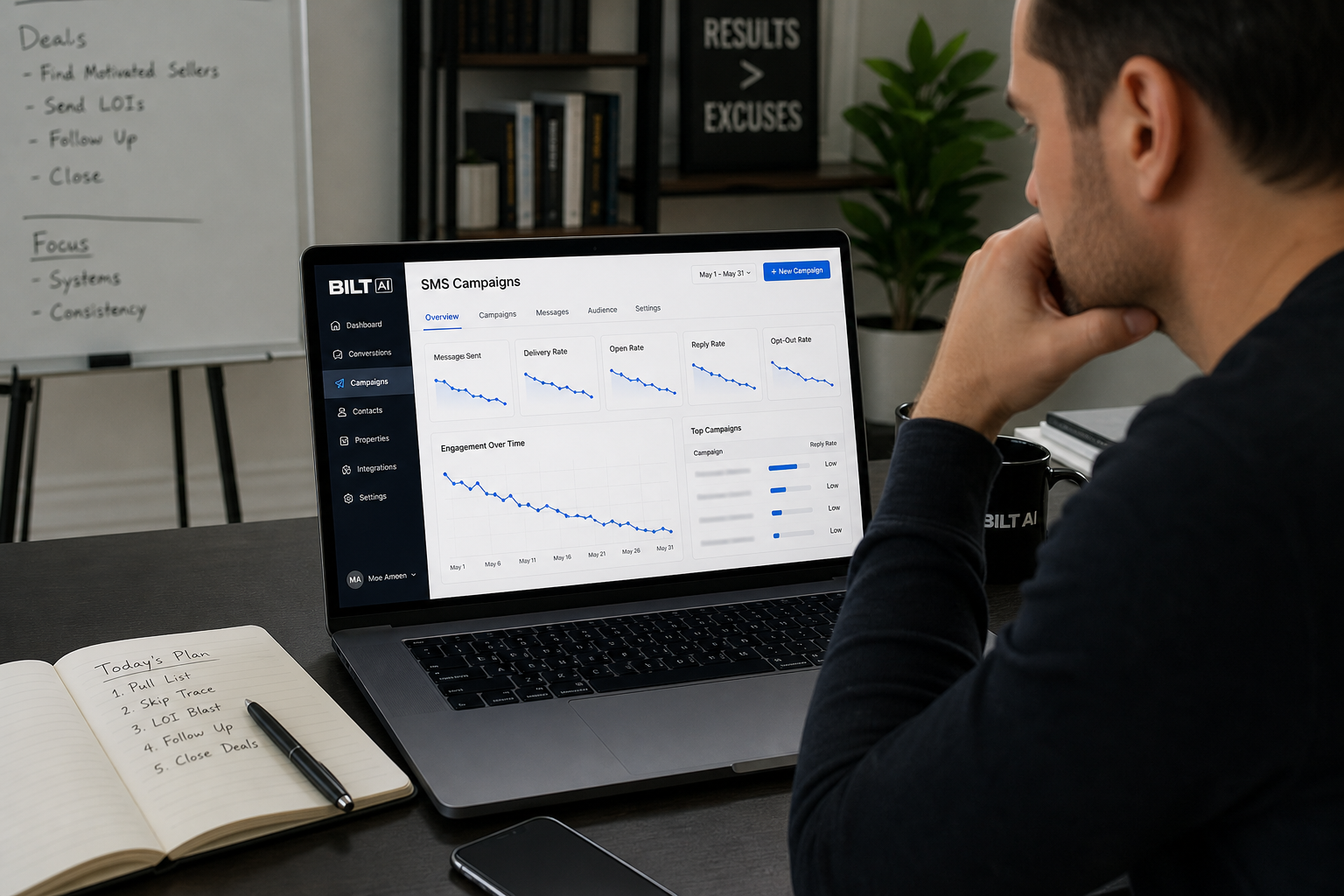 real estate professional reviewing SMS campaign analytics on laptop, charts showing declining engagement, office setting with notebook and phone nearby