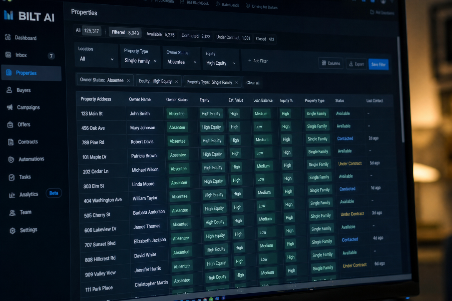 close-up of a computer screen showing layered data filters applied to property records, multiple columns highlighted, realistic UI, dim office lighting