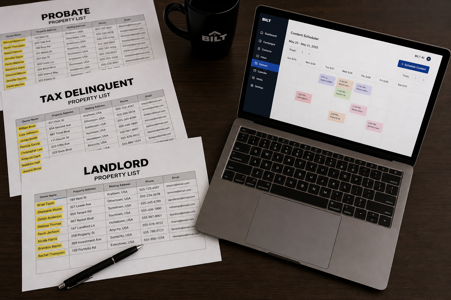 photorealistic overhead shot of a desk with printed property lists labeled probate, tax delinquent, landlord, alongside a laptop showing a content scheduler interface