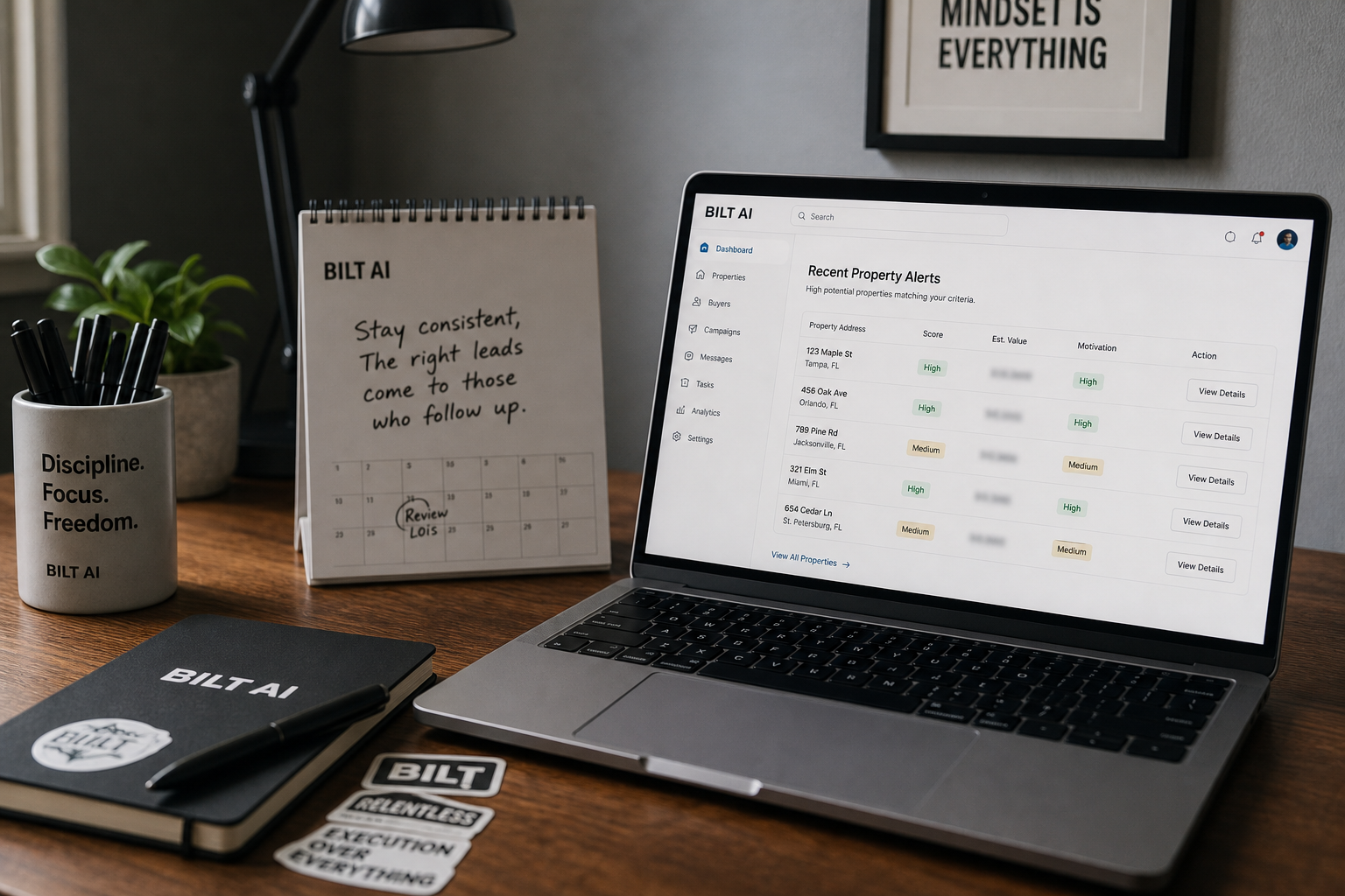 calendar and laptop on desk showing recent property alerts, modern workspace, soft lighting, realistic detail