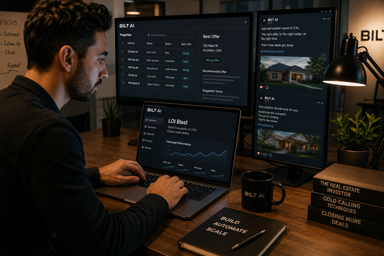 real estate professional creating content from property data on a laptop, multiple screens showing charts and social posts, modern office lighting