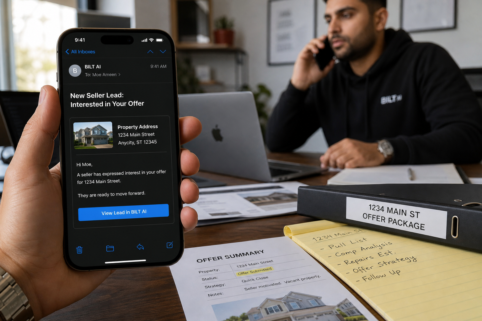 photorealistic split scene showing an email notification on a phone and a follow-up call in progress, real estate notes and property files on a desk