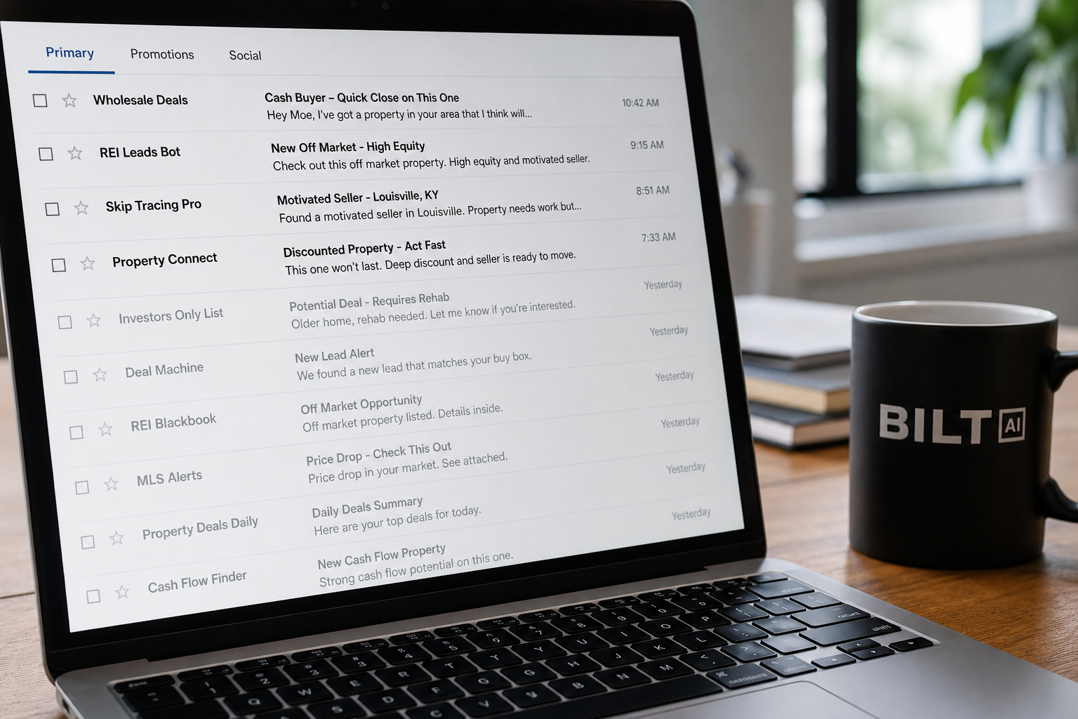 close-up of email inbox with real estate deal messages, some marked unread and others ignored, laptop on desk with coffee cup, natural light