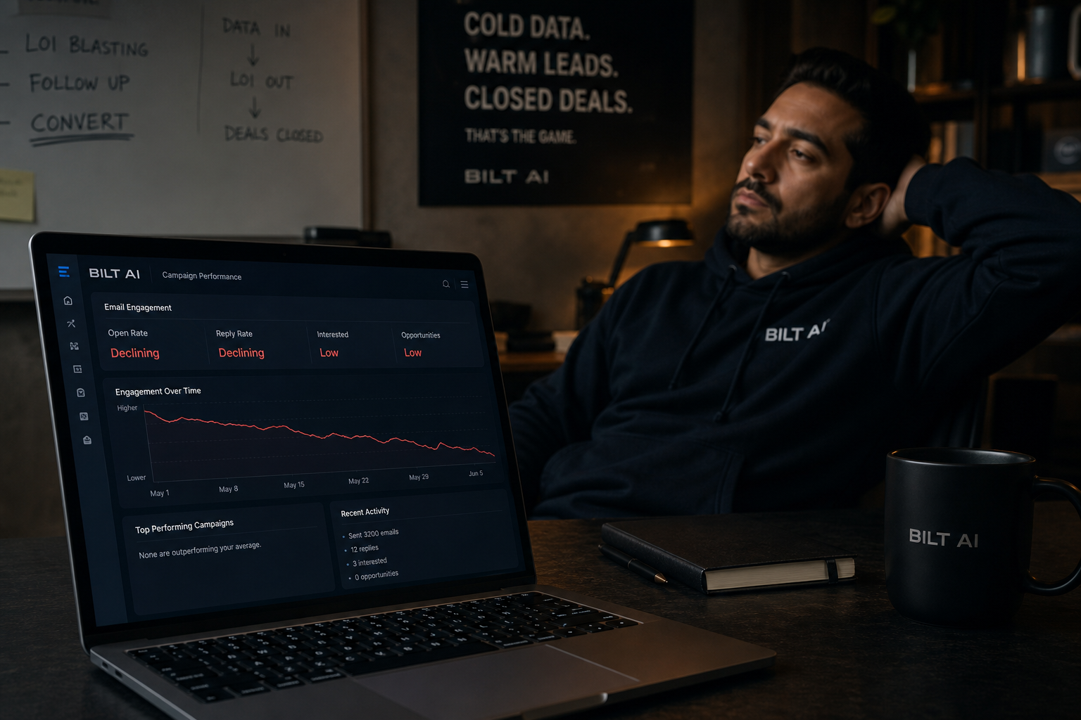 laptop showing analytics dashboard with declining email engagement metrics, investor leaning back thinking, dim office lighting