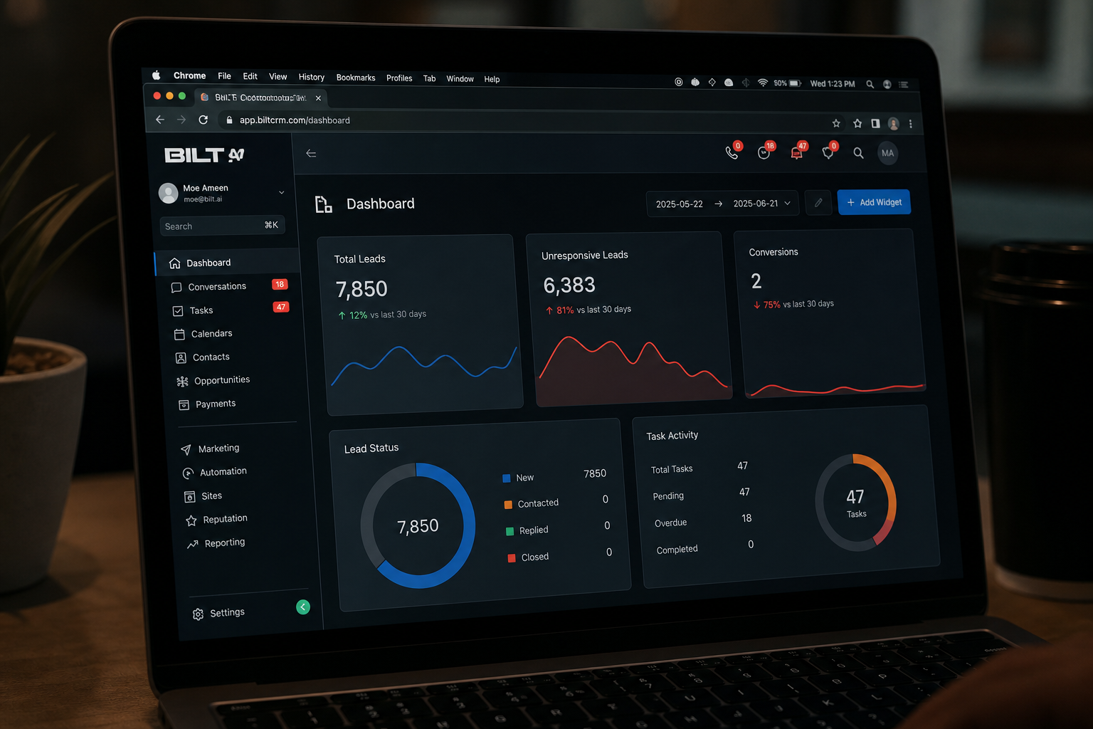 photorealistic close-up of a laptop screen showing a CRM dashboard with many unresponsive leads, notification icons, and minimal conversions, dim office lighting