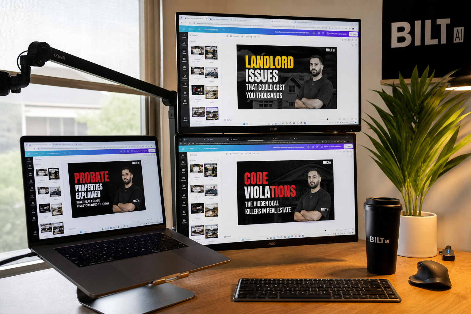 photorealistic scene of a desk with multiple screens showing different real estate content posts labeled probate, landlord issues, and code violations, natural lighting, organized workspace