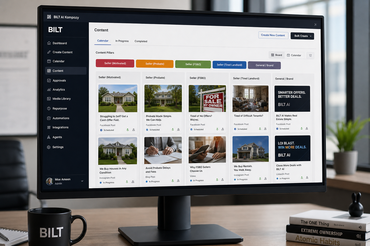 photorealistic workspace showing a content planning dashboard on a large monitor, organized categories for different seller personas, soft daylight, minimal modern office