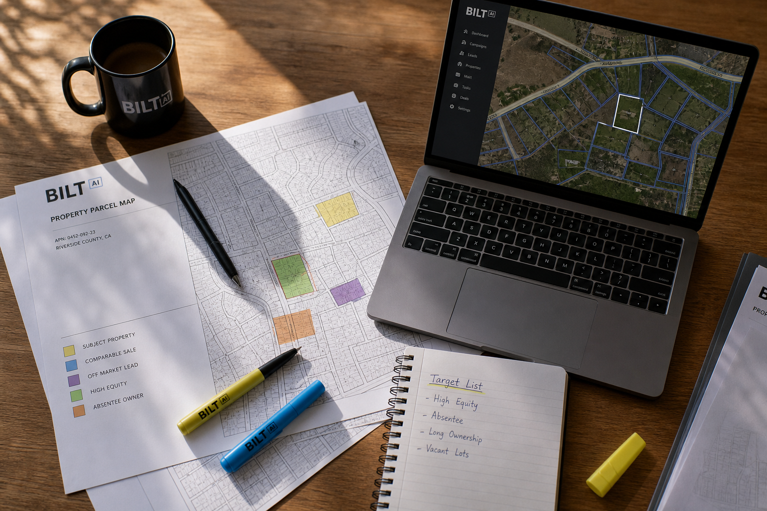 overhead shot of a desk with printed parcel maps, highlighters, and a laptop showing property boundaries, soft daylight, realistic textures