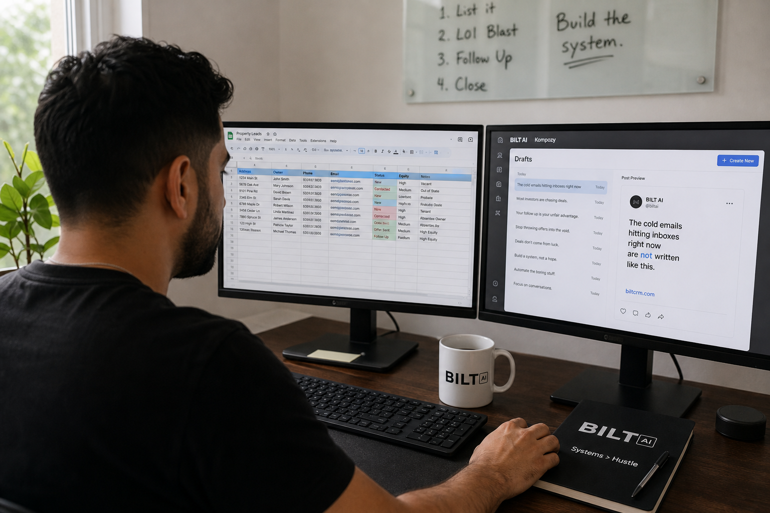 real estate investor working on dual monitors, one showing spreadsheet of properties, another showing social media drafts, coffee mug nearby, natural lighting