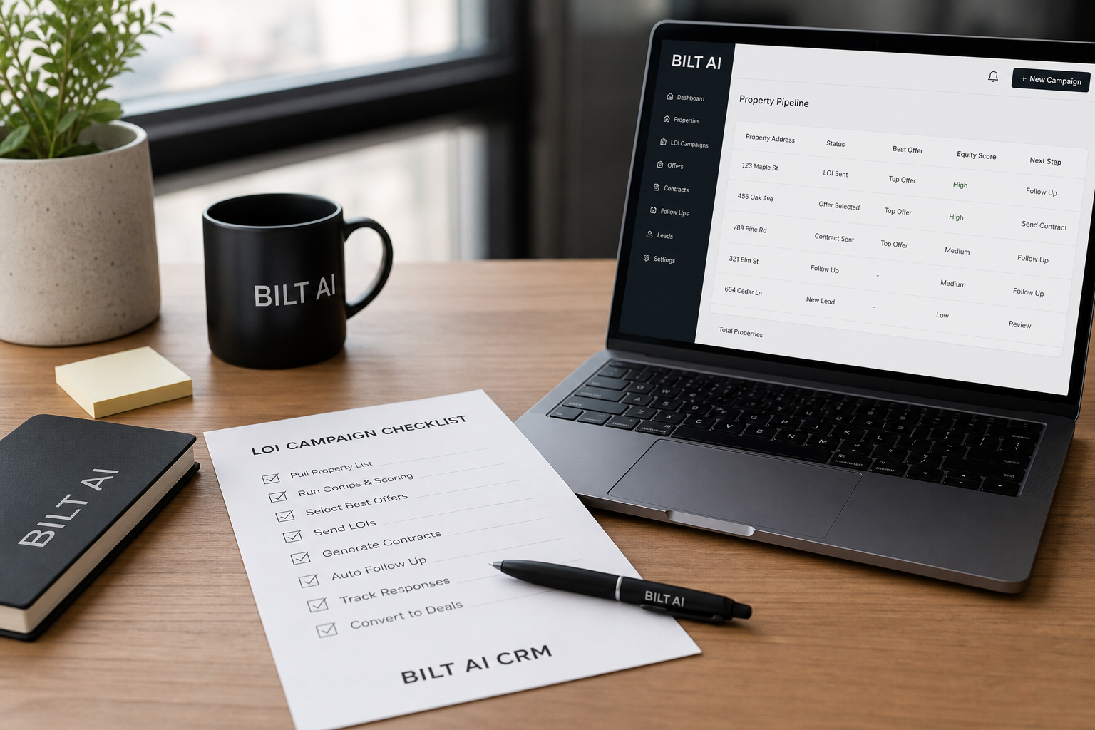 clean workspace with a printed checklist, pen, laptop showing property data dashboard, minimal aesthetic, natural light