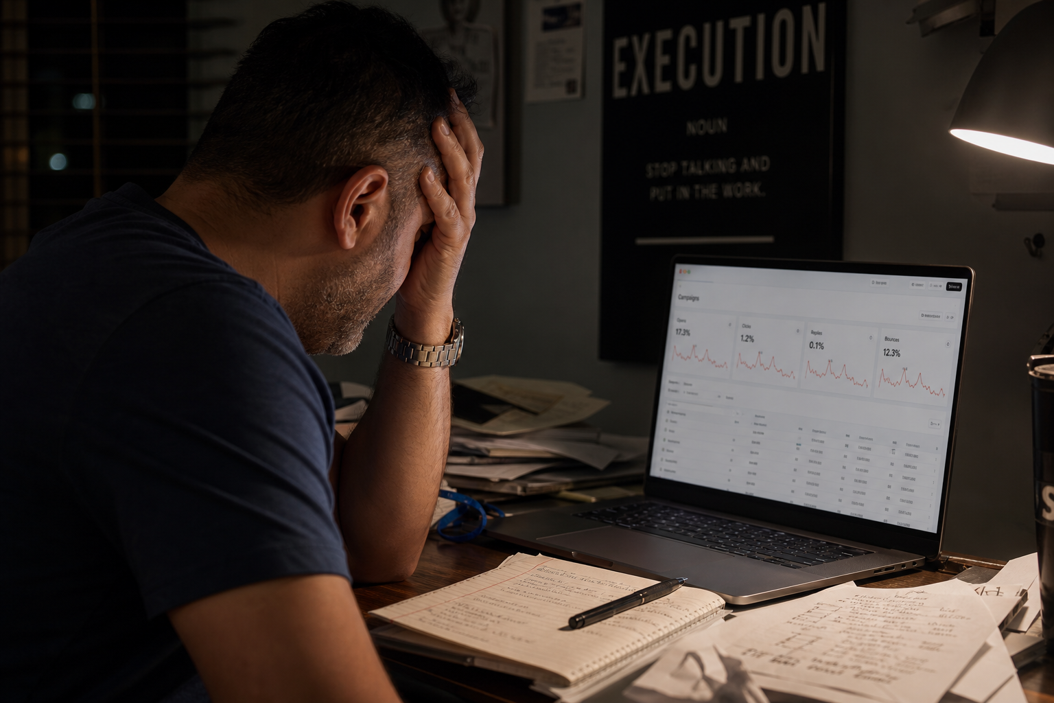 photorealistic scene of a tired real estate investor looking at declining email campaign metrics on a laptop, dim evening light, cluttered desk, realistic setting