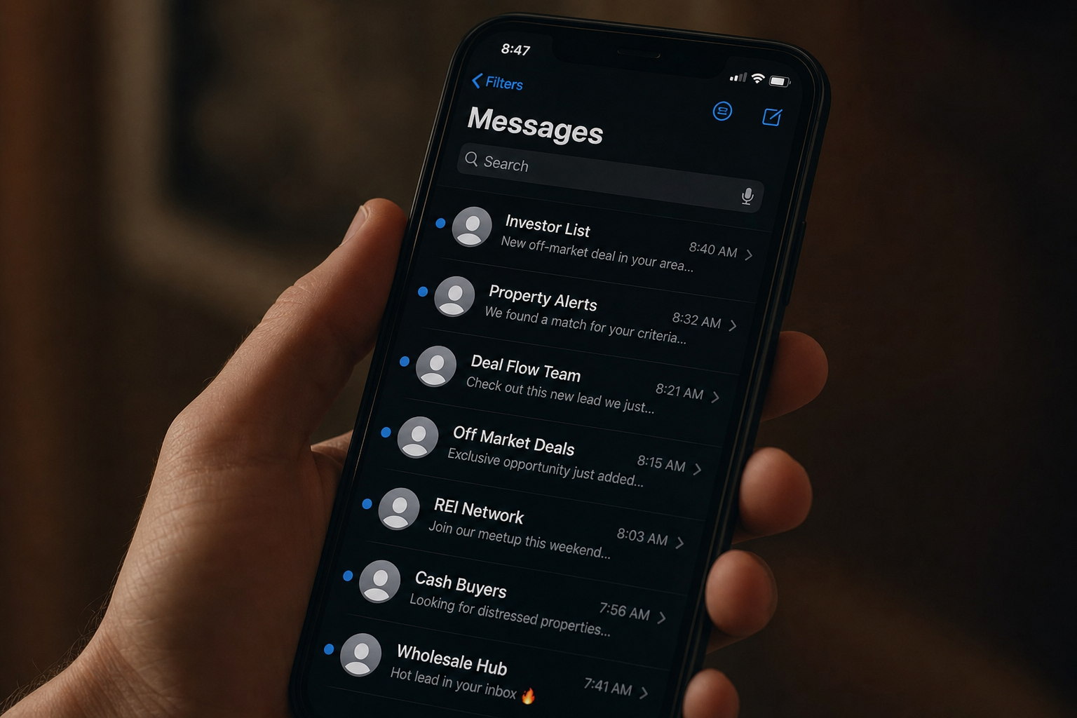 close-up of a smartphone showing multiple unread text messages with muted tones, representing filtered or blocked messages, dim lighting, realistic setting