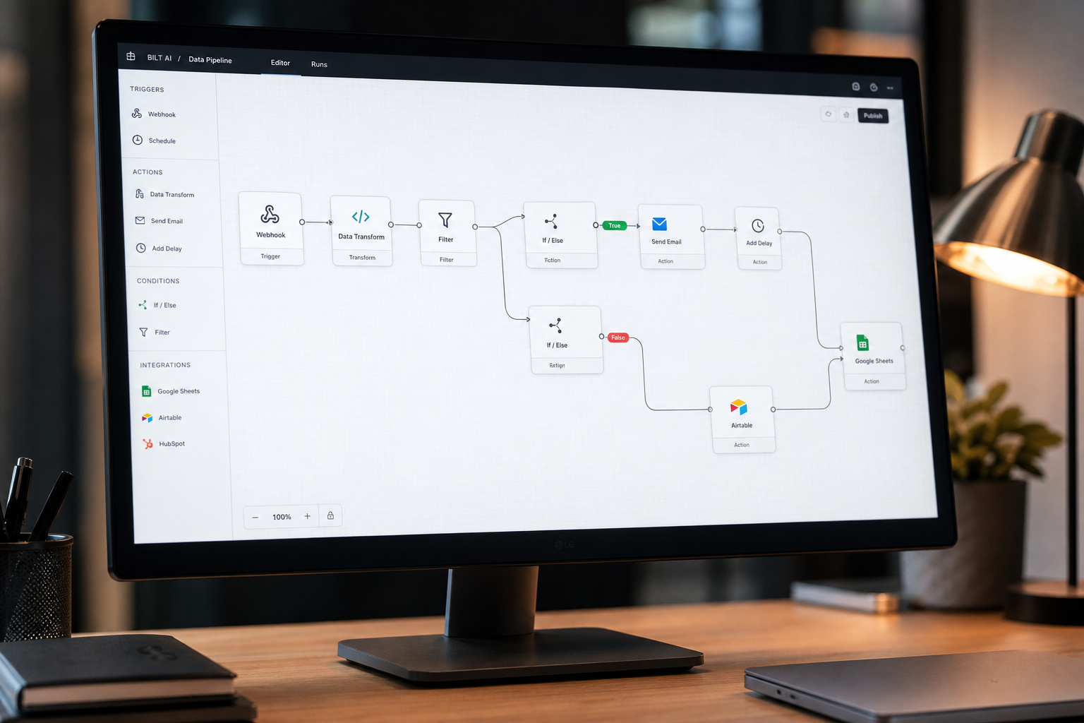 photorealistic scene of a computer screen displaying a clean data pipeline workflow diagram with nodes and connections, modern workspace, soft lighting