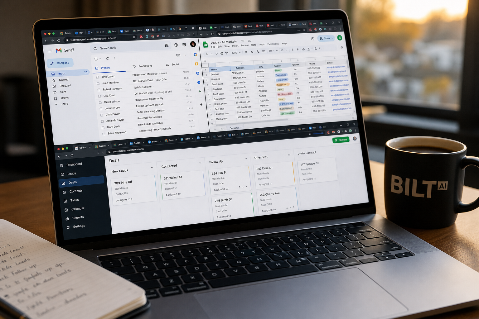 close-up of a laptop showing multiple disconnected apps open in tabs, email inbox, spreadsheet, and CRM all unlinked, coffee cup nearby, late afternoon light
