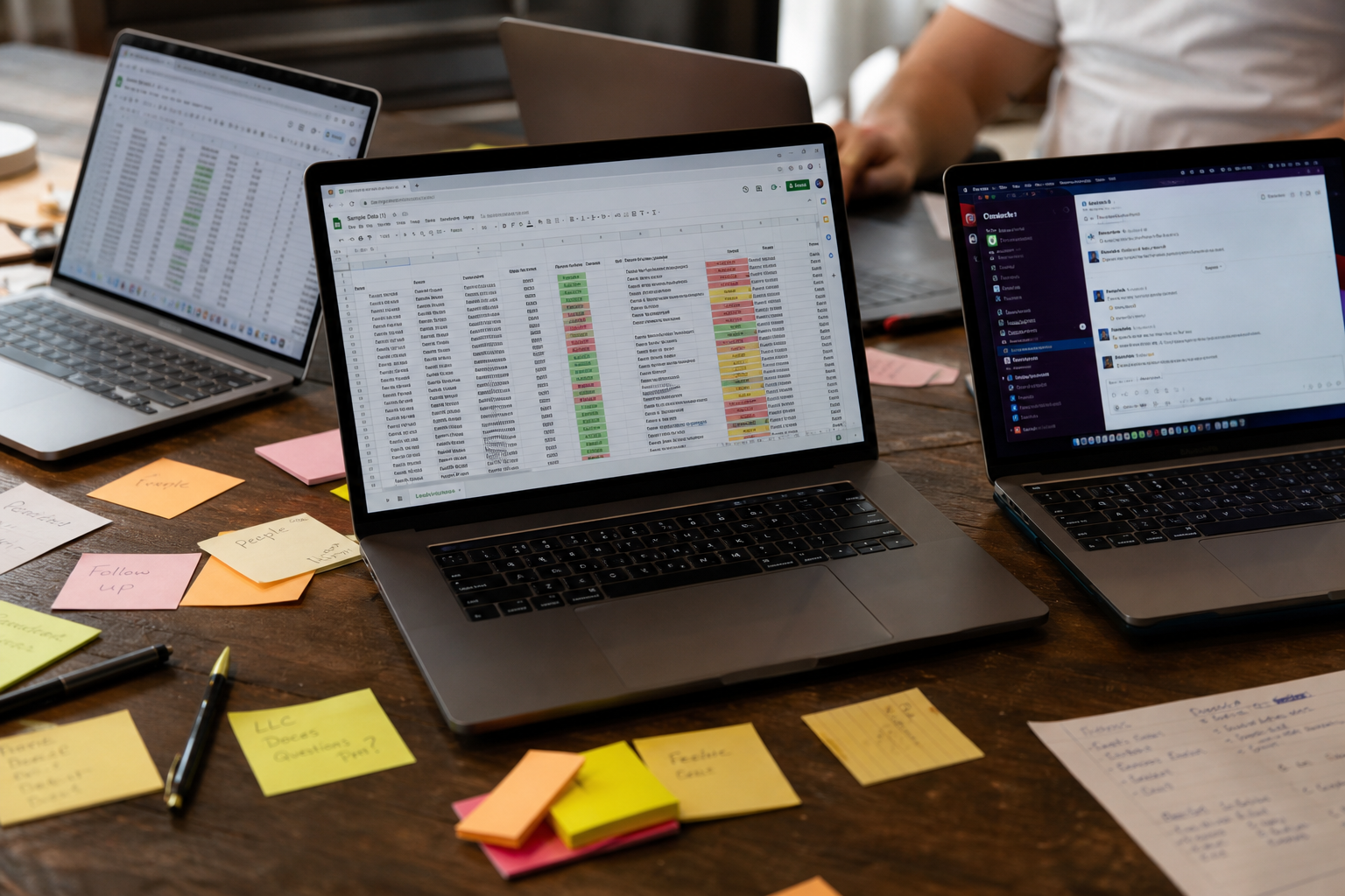 photorealistic scene of multiple laptops on a table showing different spreadsheets and messaging apps, sticky notes scattered, signaling disorganized workflow, natural lighting
