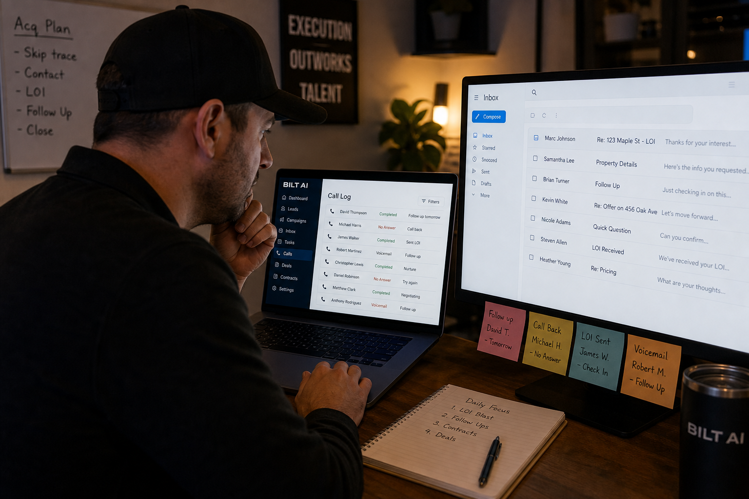 real estate professional reviewing a call log on a laptop while an email inbox is open on a second monitor, sticky notes with follow-up reminders, evening office lighting