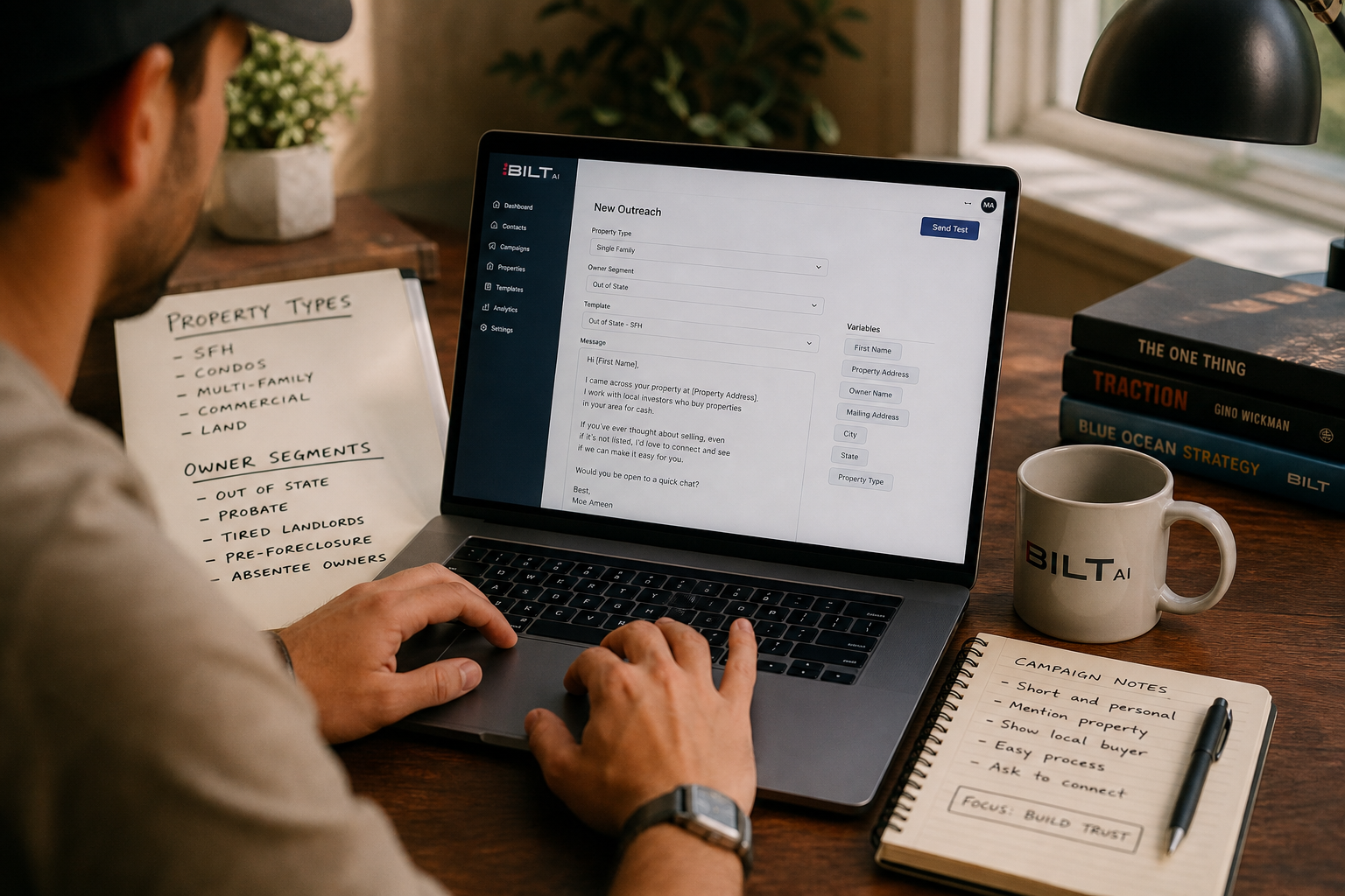photorealistic scene of a marketer drafting personalized outreach messages on a laptop with notes about property types and owner segments visible, warm lighting