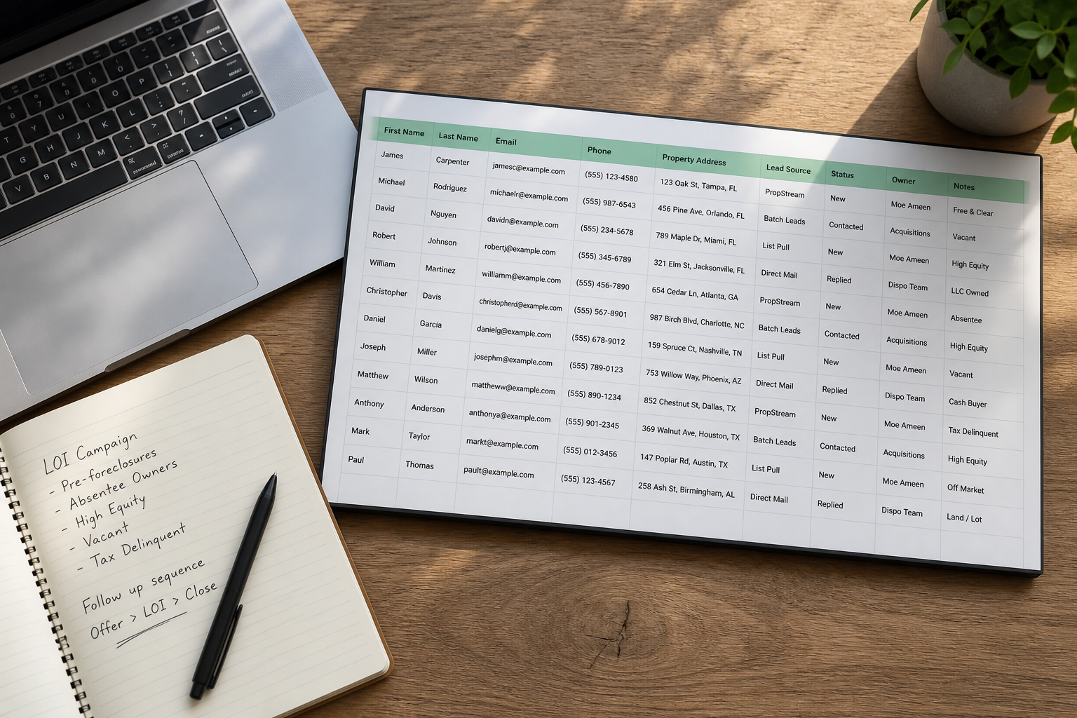 overhead shot of a spreadsheet with a compact list of contacts and columns for variables, laptop and notebook beside it, soft daylight