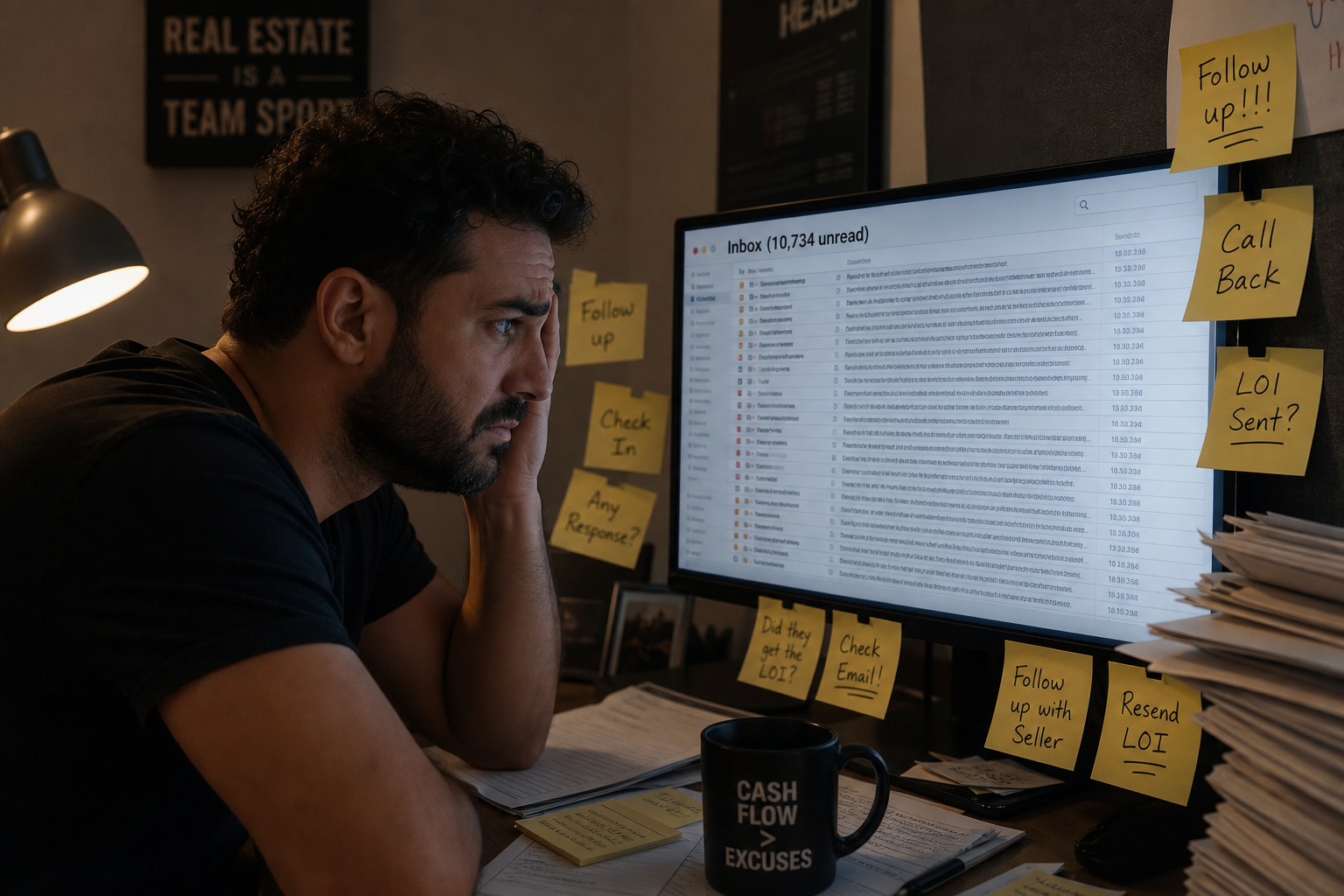 real estate investor looking frustrated at an overflowing email inbox on screen, sticky notes with follow-up reminders scattered, dim indoor lighting