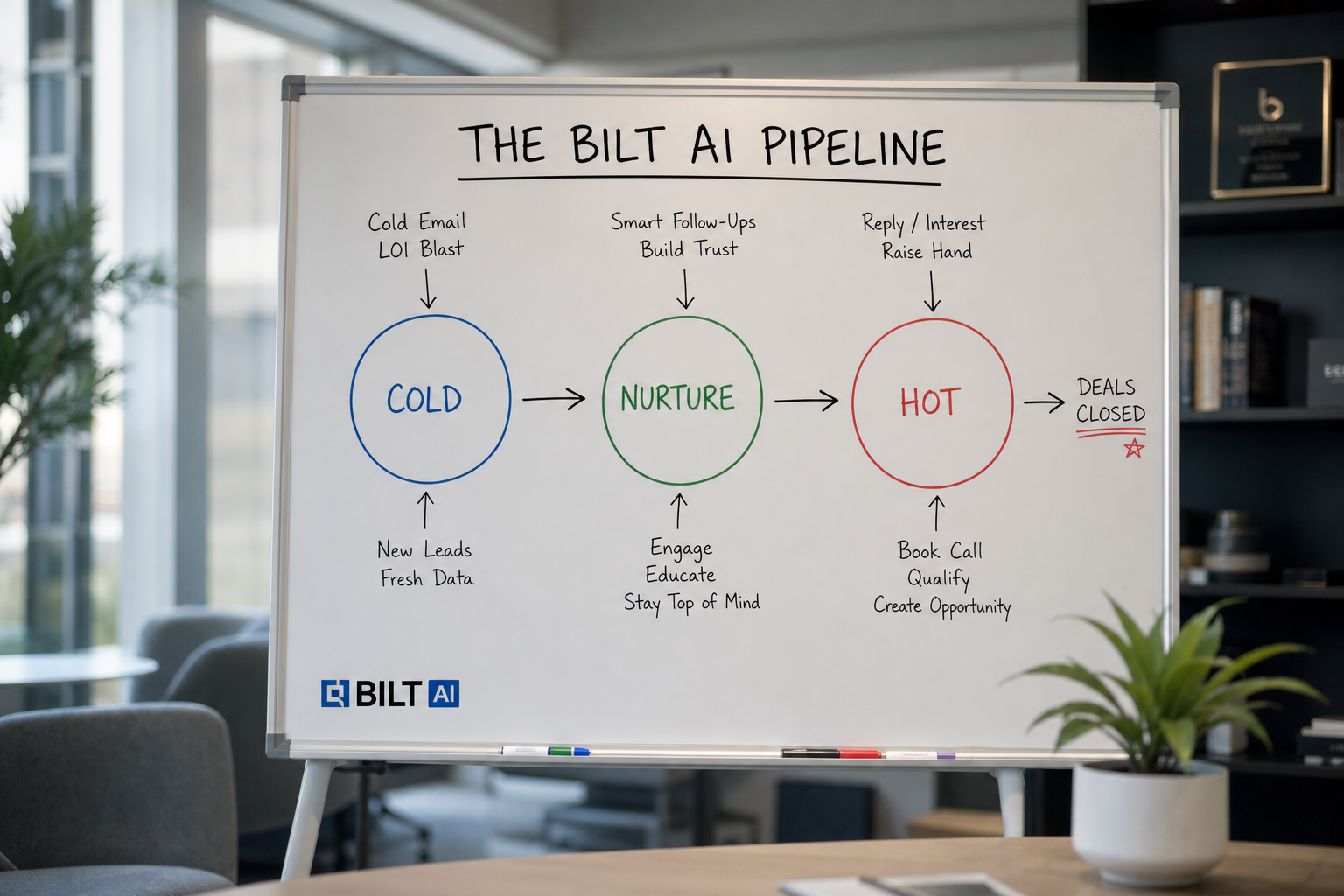 photorealistic scene of a whiteboard with a simple pipeline diagram labeled cold, nurture, hot, arrows connecting stages, modern office setting, soft natural lighting