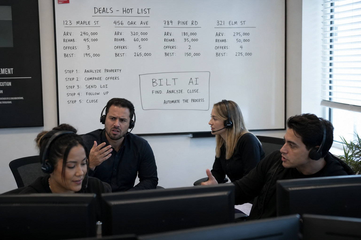 photorealistic image of a real estate acquisitions team on headsets in a small office, one person confused while others talk, whiteboard with property notes in background