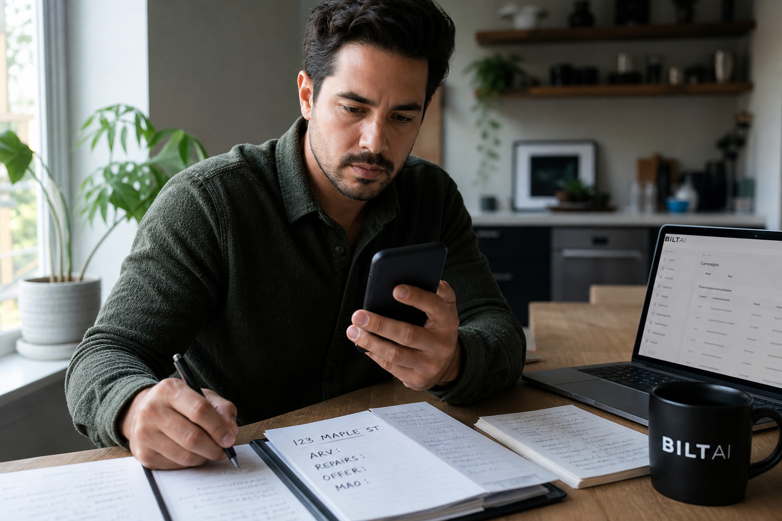 real estate professional texting on a smartphone while reviewing property notes on paper, daylight, focused expression, natural candid scene