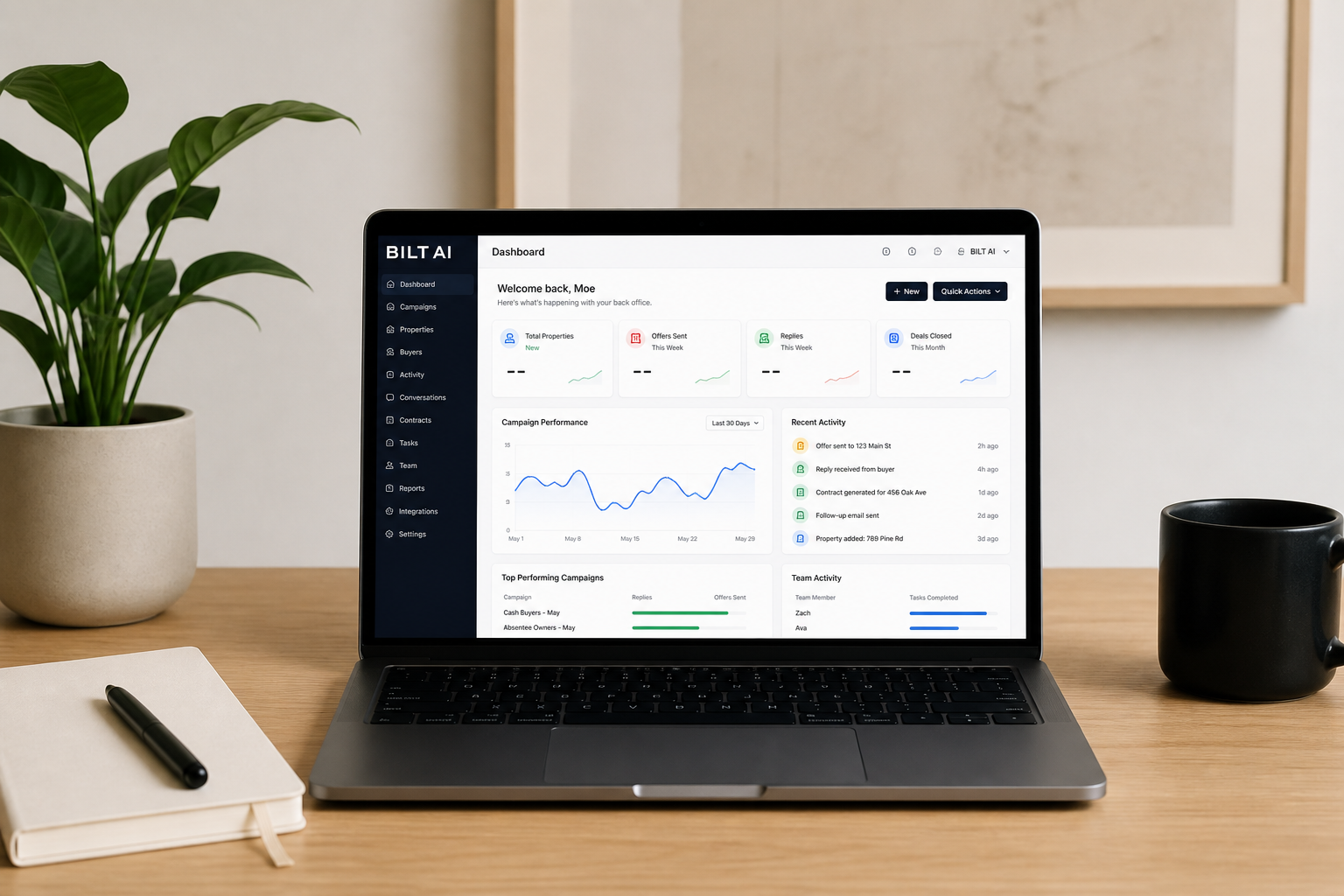 minimal clean workspace with a single laptop displaying an integrated CRM dashboard, calm organized environment, bright natural lighting
