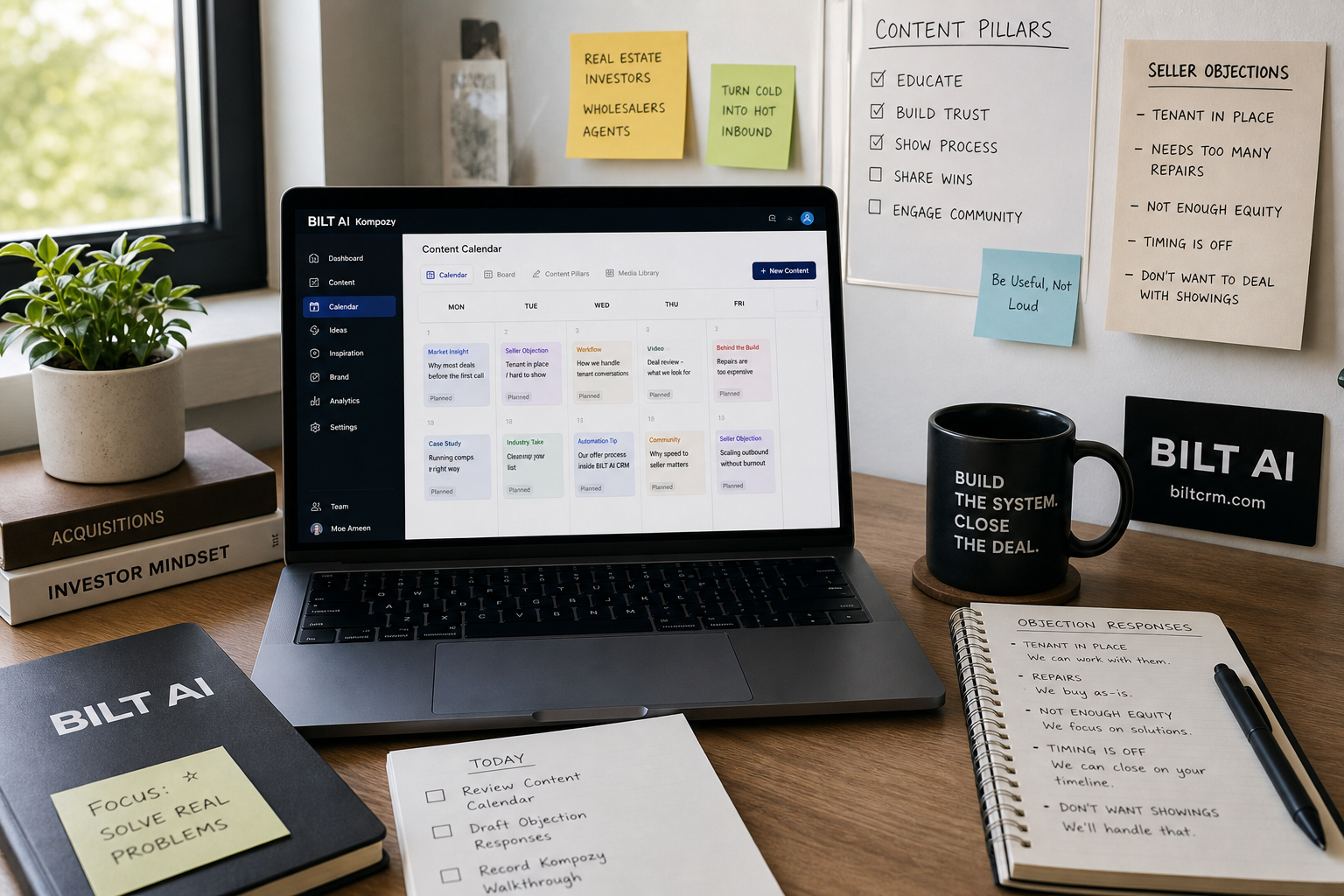 content strategist workspace with a laptop showing a content planning tool, notes labeled with seller objections like tenants and repairs, clean desk setup with soft daylight