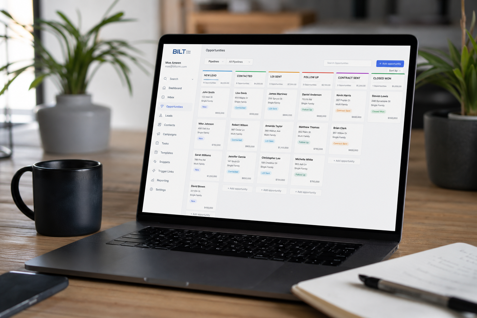 photorealistic scene of a laptop showing a clean CRM pipeline with automated tags and content workflows, modern desk setup, soft daylight, minimal aesthetic