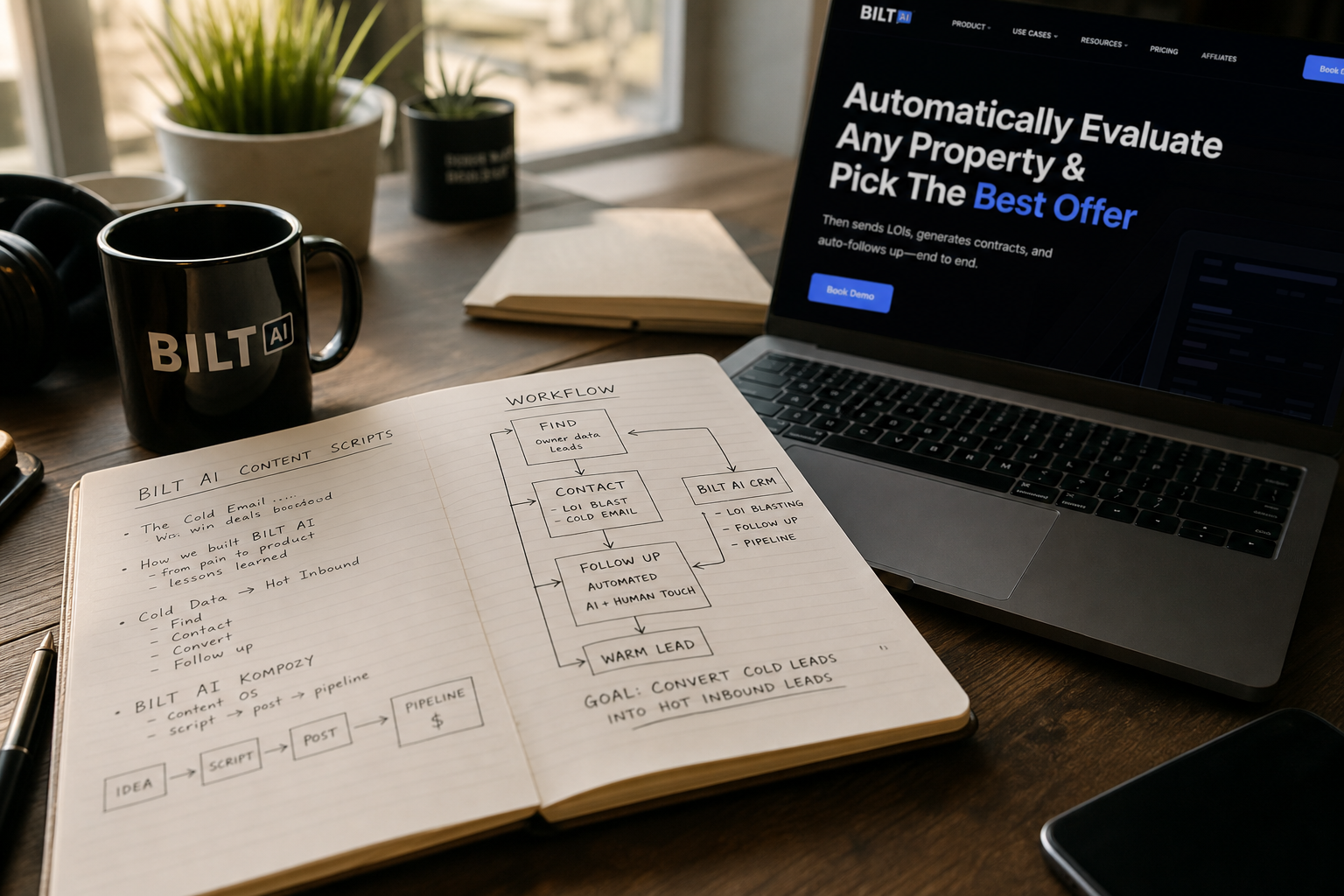photorealistic desk setup with a notebook outlining scripts and workflow diagrams next to a laptop, coffee cup, morning light