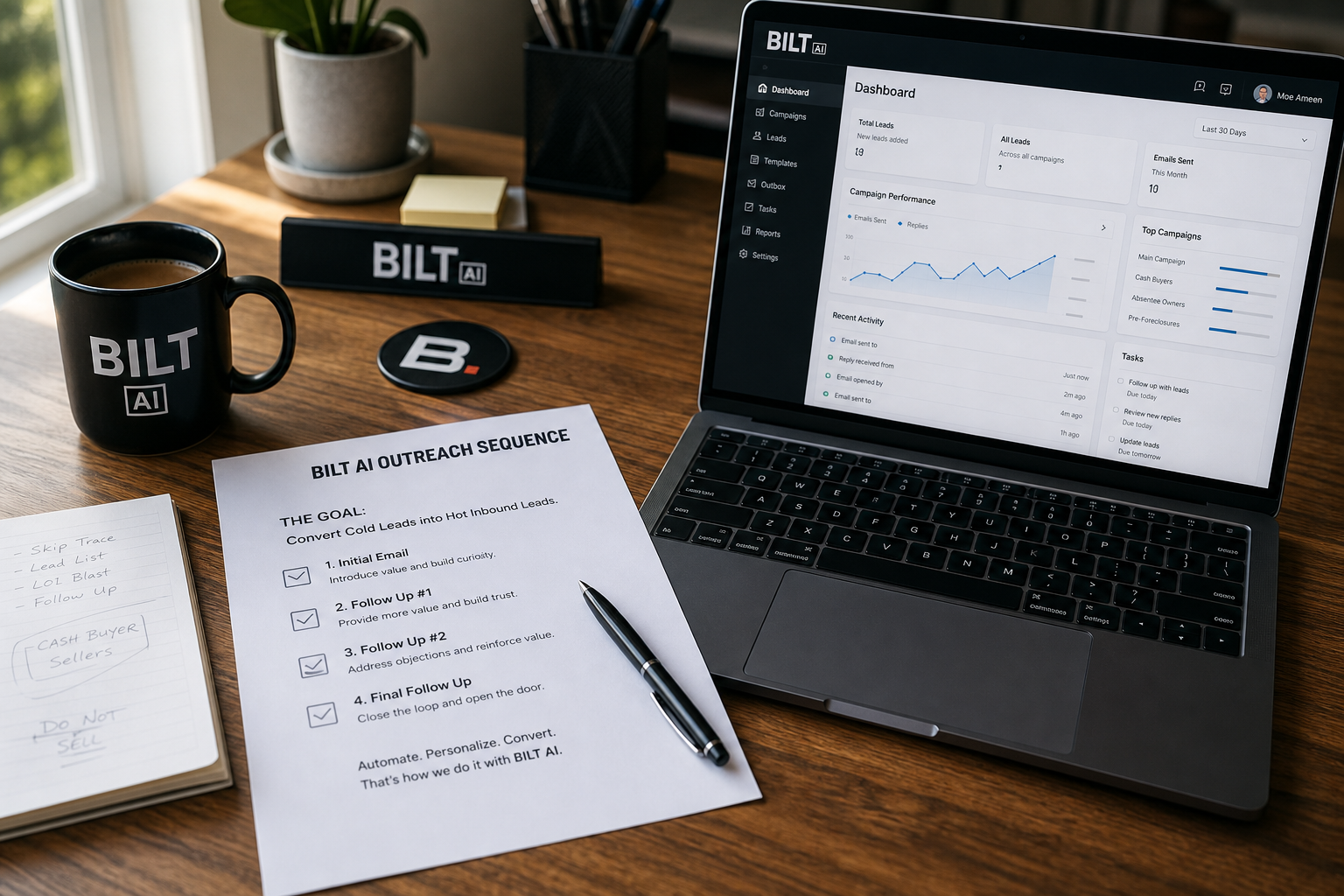 organized desk with a printed outreach sequence checklist, laptop showing a CRM dashboard, coffee mug, natural morning light