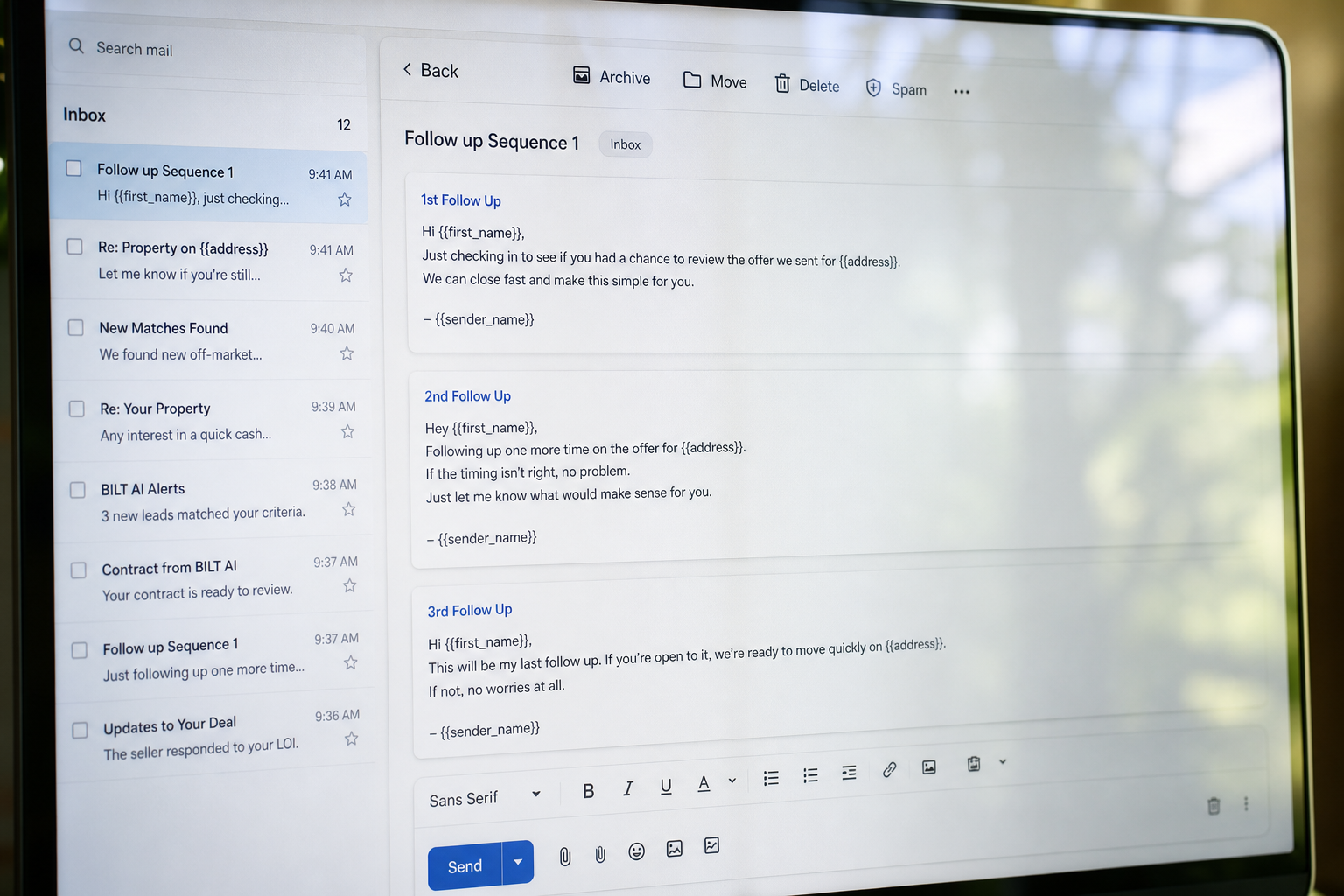 email inbox interface with a short sequence of follow-up messages drafted, subtle reflections on screen, realistic UI without logos