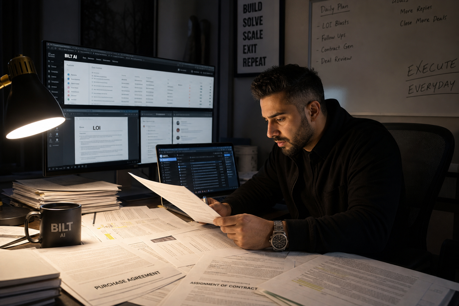 real estate investor working late at a desk with multiple open documents on screen, printed contracts scattered, dim desk lamp lighting, focused expression