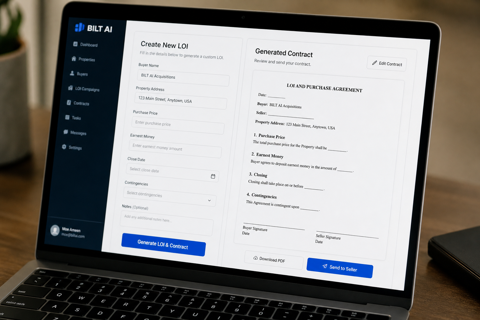 close-up of a laptop screen showing a structured form with fields like buyer name and price, alongside a generated clean contract preview, neutral office lighting