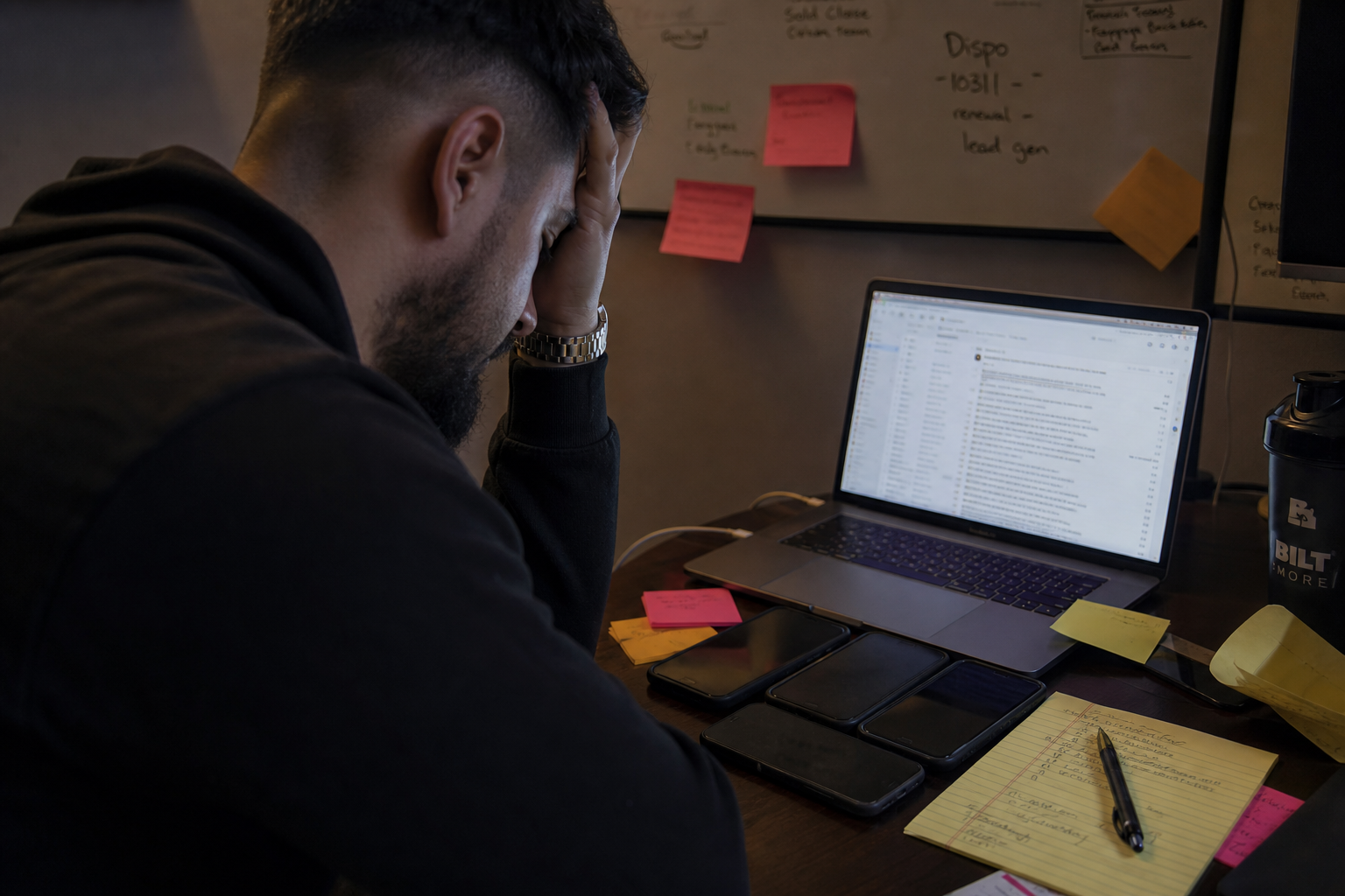 photorealistic close-up of a stressed real estate operator at a desk with multiple phones, sticky notes, and a laptop showing emails, dim indoor lighting, candid documentary style