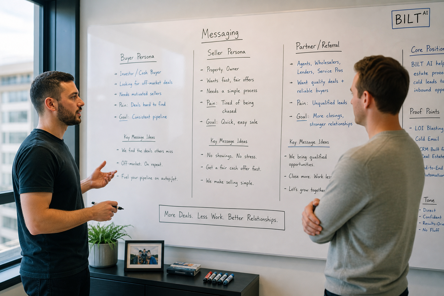 photorealistic whiteboard session with two team members mapping out messaging ideas, labeled columns for buyer, seller, and partner personas, modern office setting, natural light
