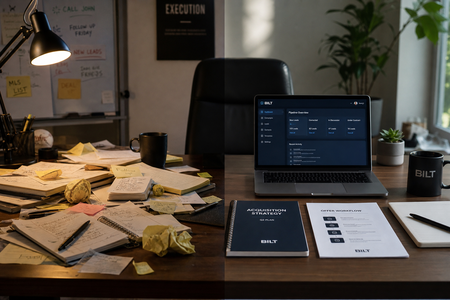 photorealistic split scene showing one desk cluttered with messy notes and another organized with structured documents and a clean laptop setup, symbolic contrast, soft lighting