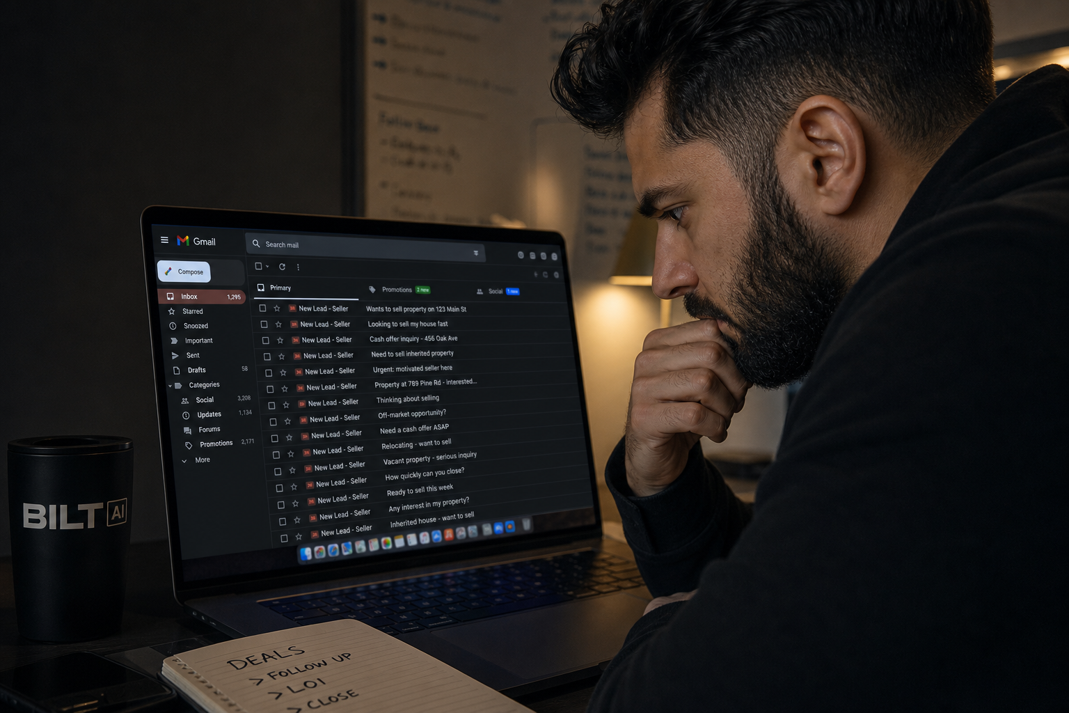 real estate investor staring at crowded email inbox on laptop with multiple unread seller messages, dim lighting, focused expression, shallow depth of field