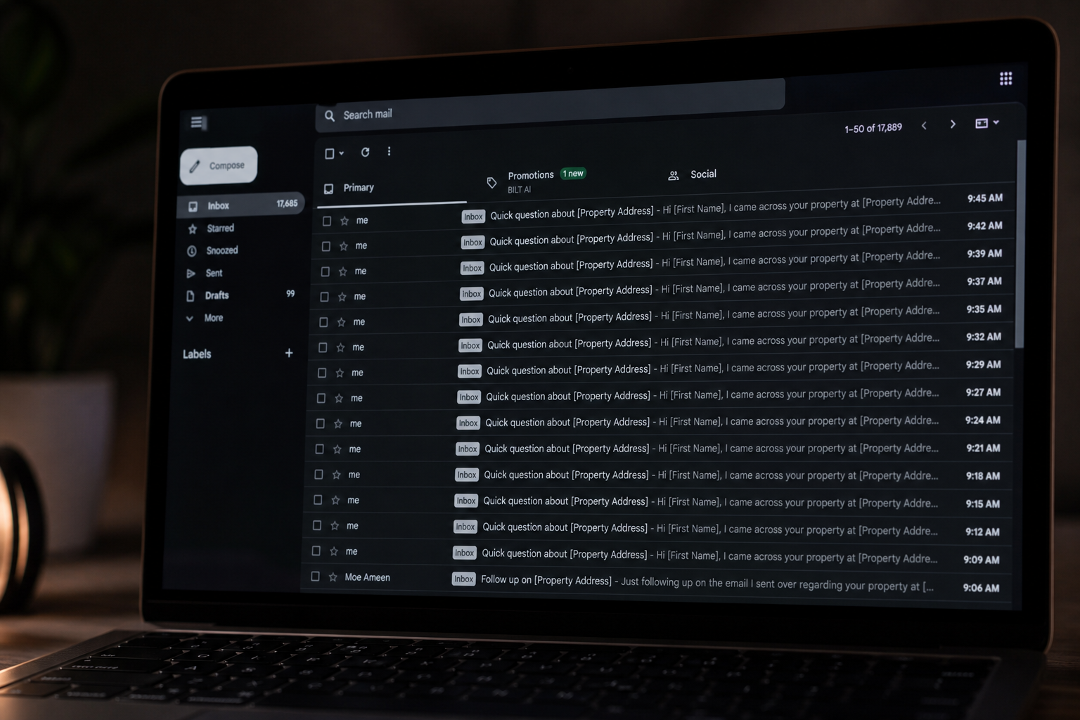close-up of an email inbox on a laptop showing multiple similar outreach emails, dim lighting, focus on repetition and clutter, photorealistic