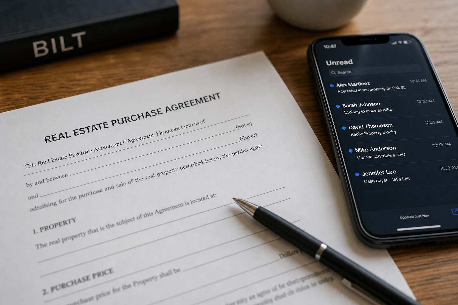 close-up of a real estate contract on a wooden desk with a pen and smartphone showing unread messages, soft natural lighting, shallow depth of field
