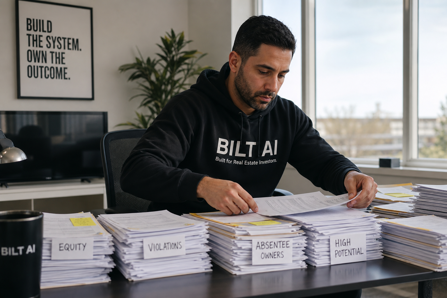 real estate investor sorting property records into labeled stacks on a desk, categories like equity and violations implied visually, natural daylight, photorealistic