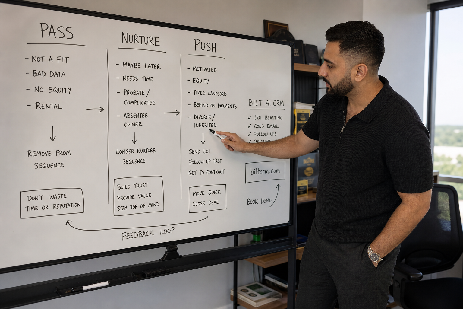 whiteboard with three columns labeled pass nurture push, real estate notes and arrows connecting steps, office environment, natural lighting