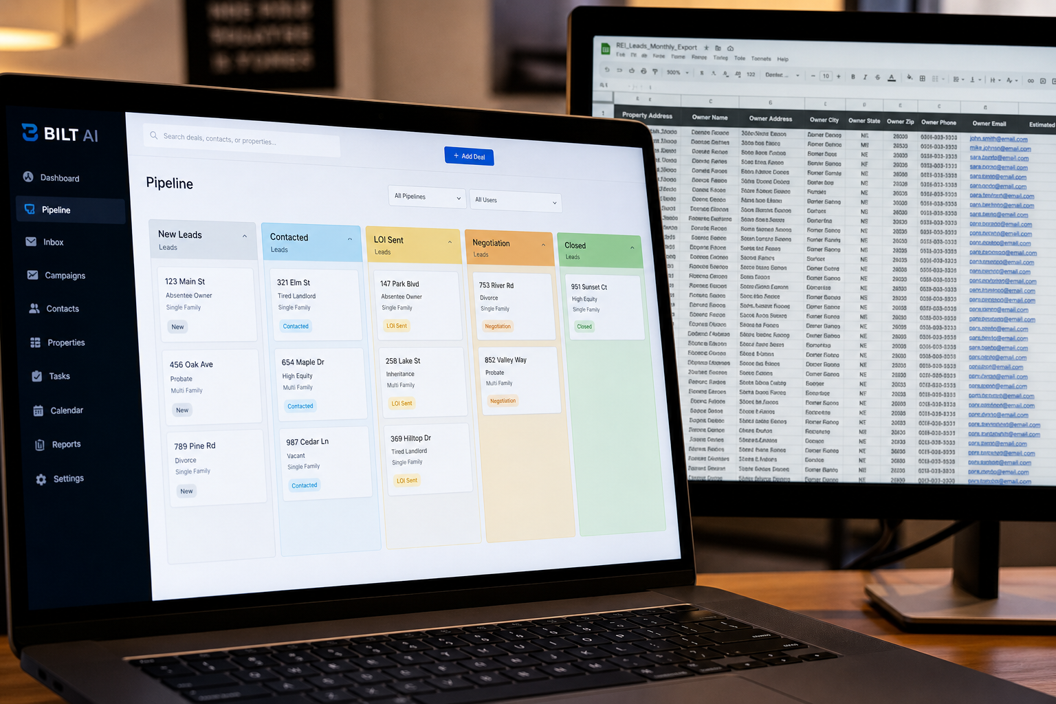 close-up of a laptop screen showing a color-coded sales pipeline with stages, next to a second monitor displaying a dense spreadsheet, contrast between visual clarity and clutter, modern office lighting
