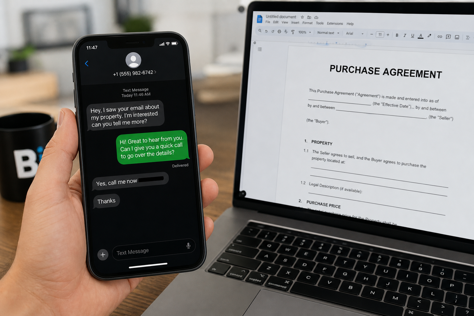 close-up of a smartphone showing a text message from a seller saying im interested, next to an open laptop with an unfinished contract document, natural lighting, realistic office setting