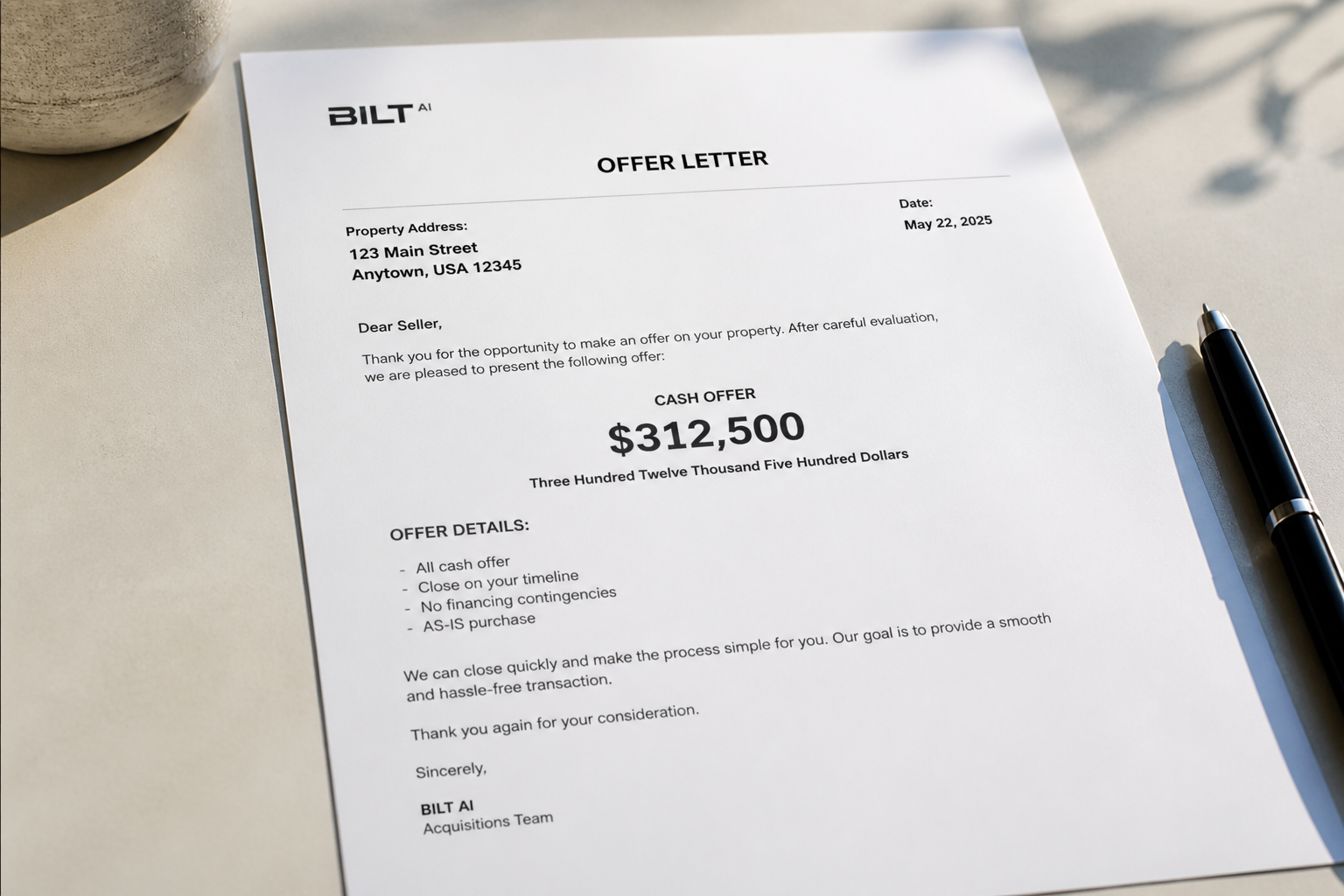 minimalist printed offer letter with only a few bold numbers on clean paper, pen beside it, bright natural light, photorealistic