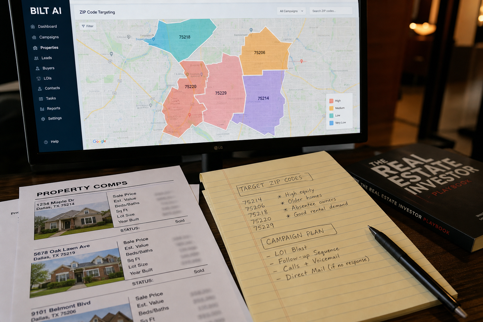 map of a city with highlighted zip code regions on a computer screen, alongside printed property comps and notes, realistic office lighting